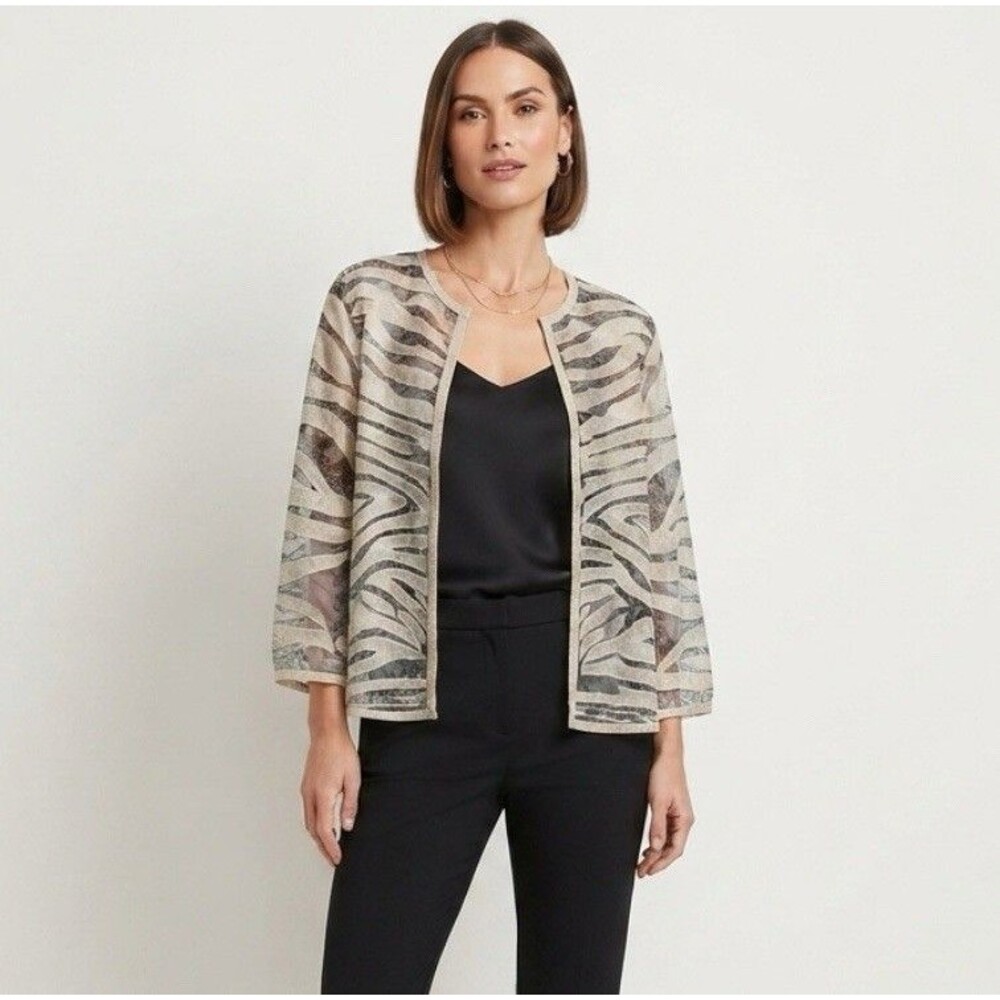 NWT Chico's Travelers Gray & Beige Animal Print Open Front Sheer Jacket Size 1 M